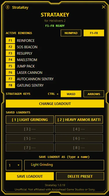 StrataKey main window with F1–F8 bindings and loadouts