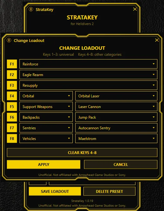 StrataKey Change Loadout window showing keys 1 through 8 with stratagem categories and an Apply button